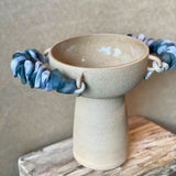 Pedestal Chalice Vase - Blue & White Ruffled Handles
