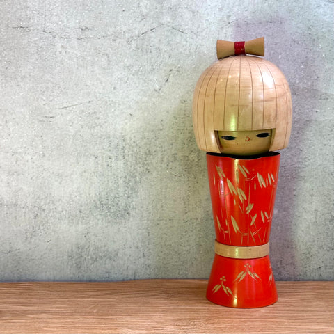 Vintage Kokeshi #100 - "Red Kimono & Bow" - Tall