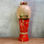 Vintage Kokeshi #100 - "Red Kimono & Bow" - Tall