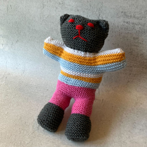 Hand-Knitted Teddy Bear #03 - Orange/Blue/Pink