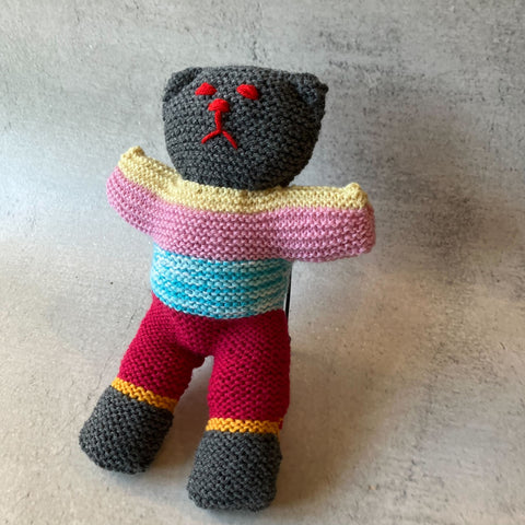 Hand-Knitted Teddy Bear #02 - Pink/Blue/Red