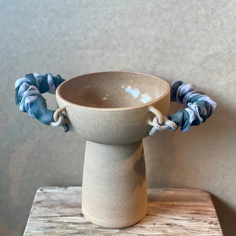 Pedestal Chalice Vase - Blue & White Ruffled Handles
