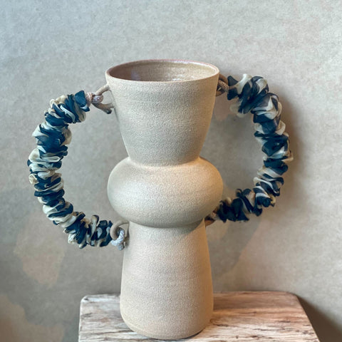Bulb Vase - Blue & White Ruffled Handles