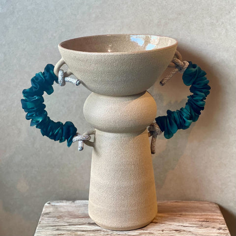 Pedestal Chalice Vase - Green Ruffled Handles