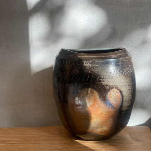 Vessel w/ Shell Marks #01 - Ellipsoid - Wood Fired - Carbon Inclusion Glaze - July 2024