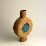 Pedestal Disk Vase - Raw Clay w/ Green & White Circles - Small