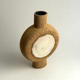 Pedestal Disk Vase - Raw Clay w/ Green & White Circles - Small