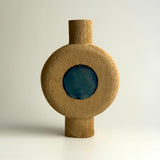Pedestal Disk Vase - Raw Clay w/ Green & White Circles - Small