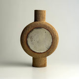 Pedestal Disk Vase - Raw Clay w/ Green & White Circles - Small