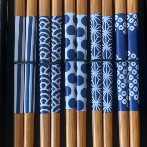 Japanese Wooden Chopstick Set - Indigo Pattern